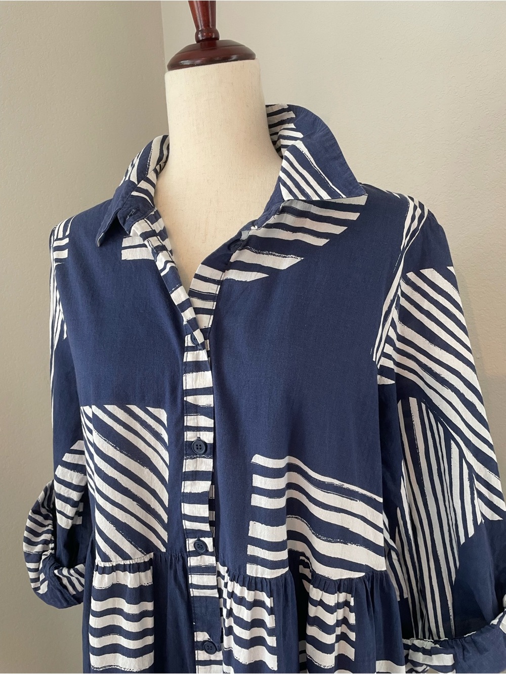 Zara Maxi Dress 100% Cotton Summer Navy Costal Size Large Button Down - Picture 2 of 8